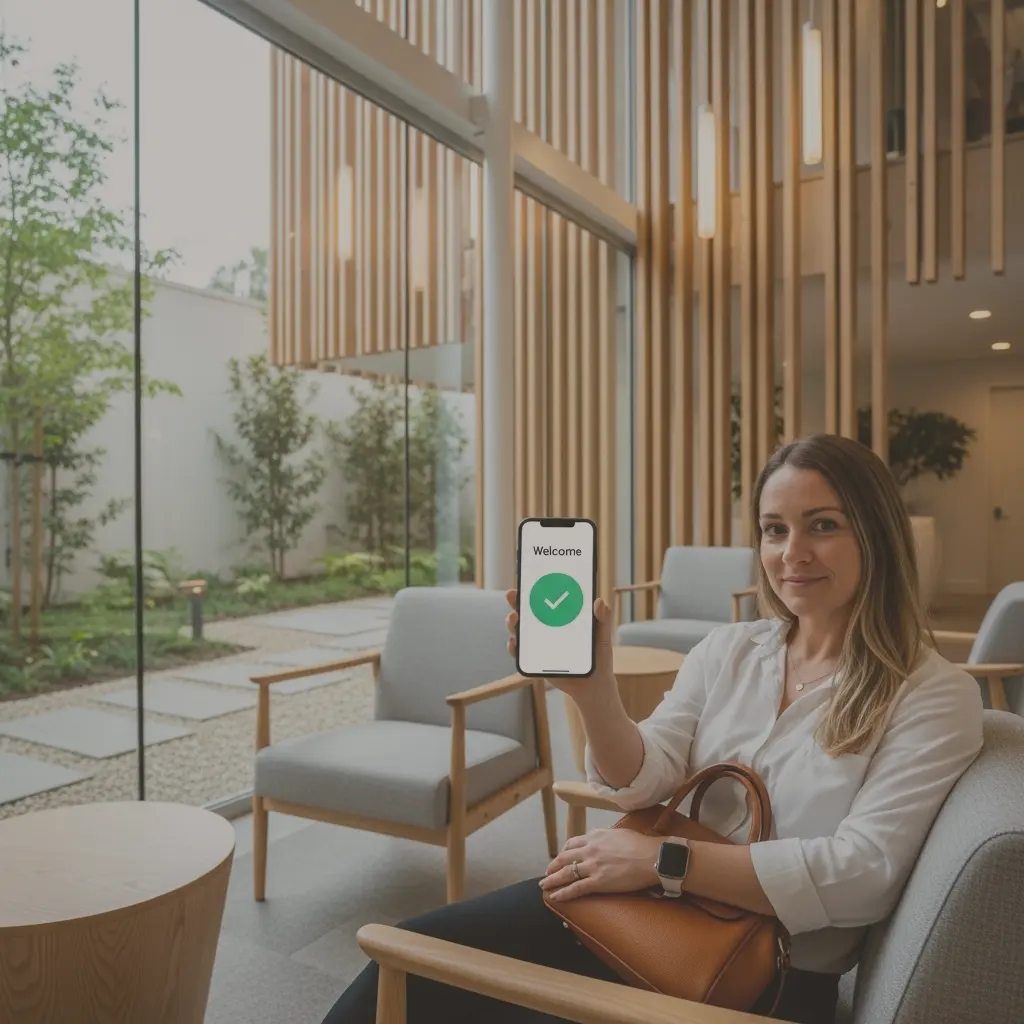 Illustration of a seamless digital patient journey on a smartphone screen with checklist icons.