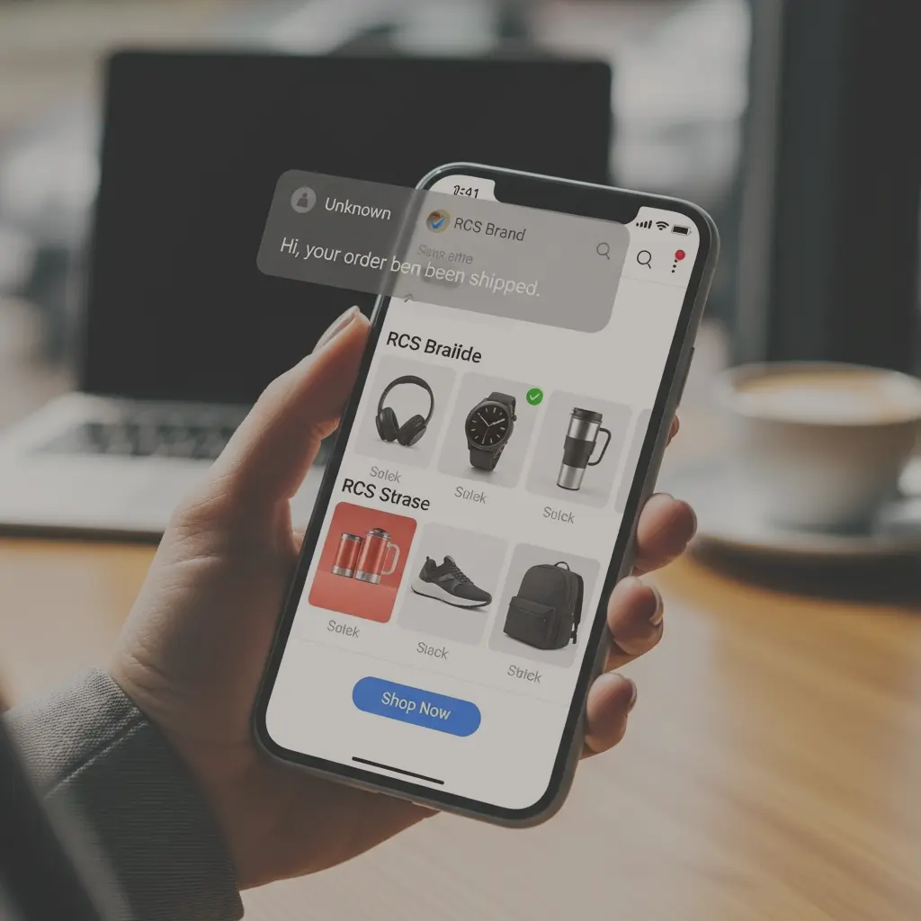 A smartphone displaying a dynamic RCS message next to a gravestone for '1% CTR'.