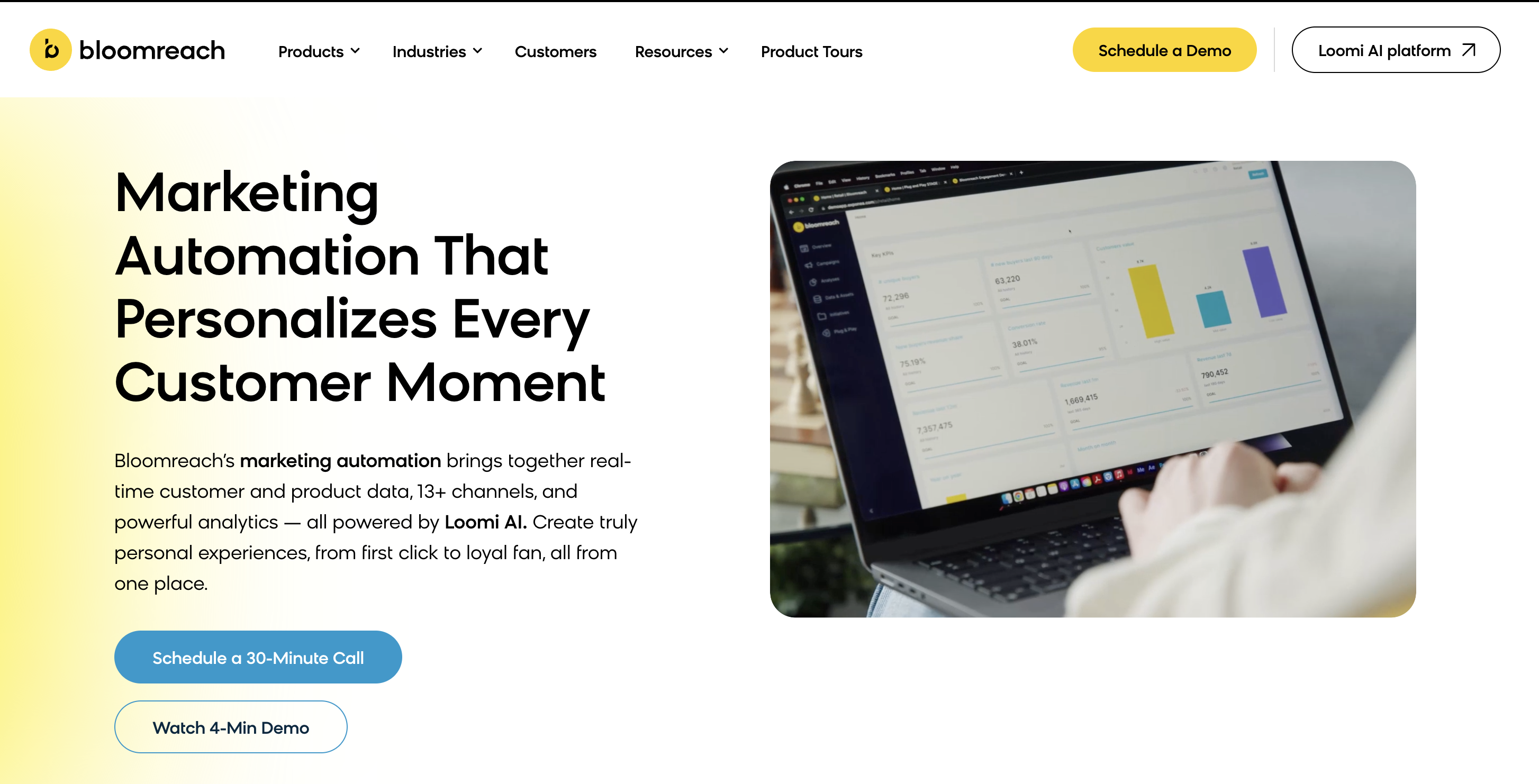 Bloomreach Engagement product page presenting real-time customer and product data unified into a single customer view across 13 plus channels.