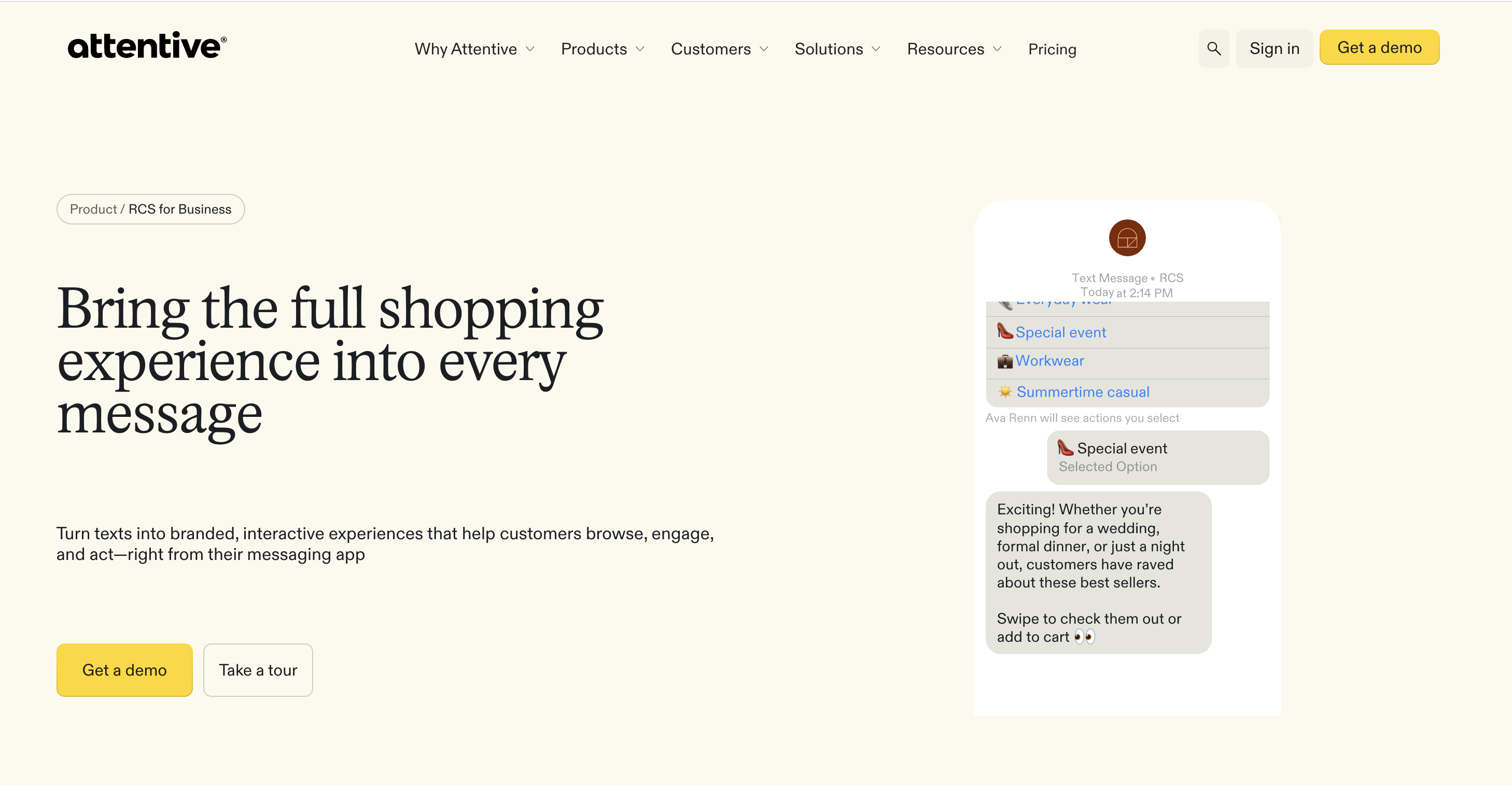 Attentive RCS for business page presenting branded RCS messaging for retail brands.