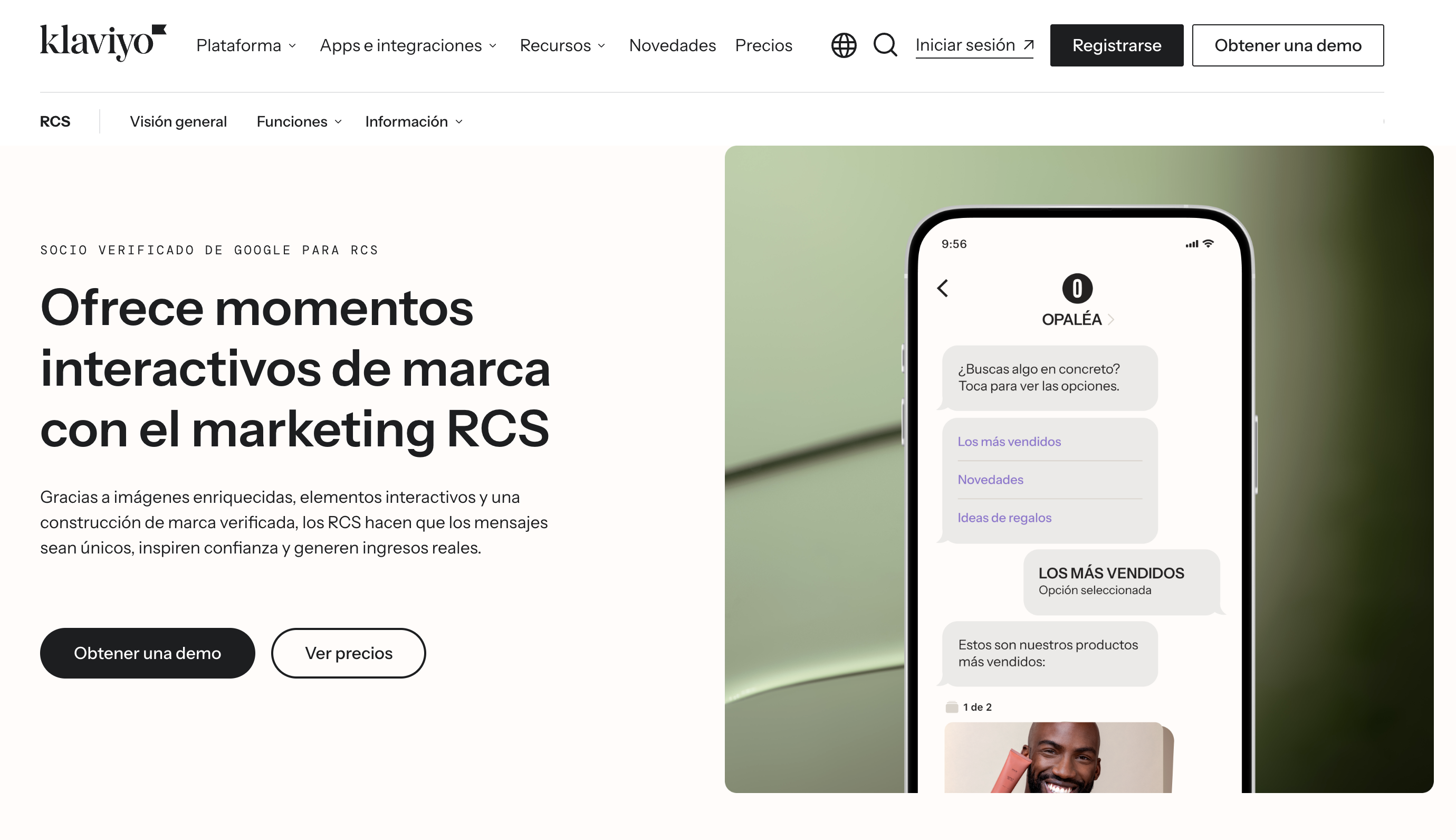 Klaviyo RCS product page presenting branded interactive messages inside its SMS marketing product.