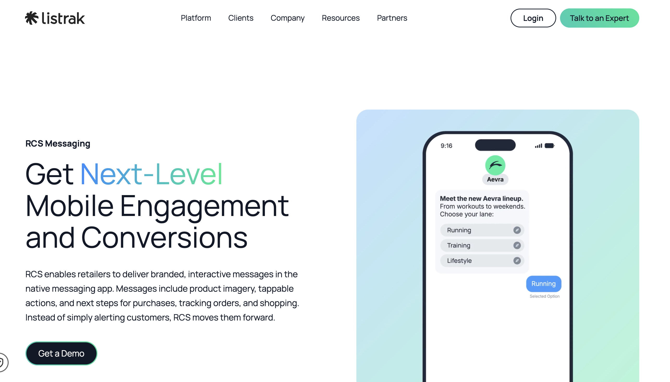 Listrak RCS marketing page showing branded interactive retail messages with product images.