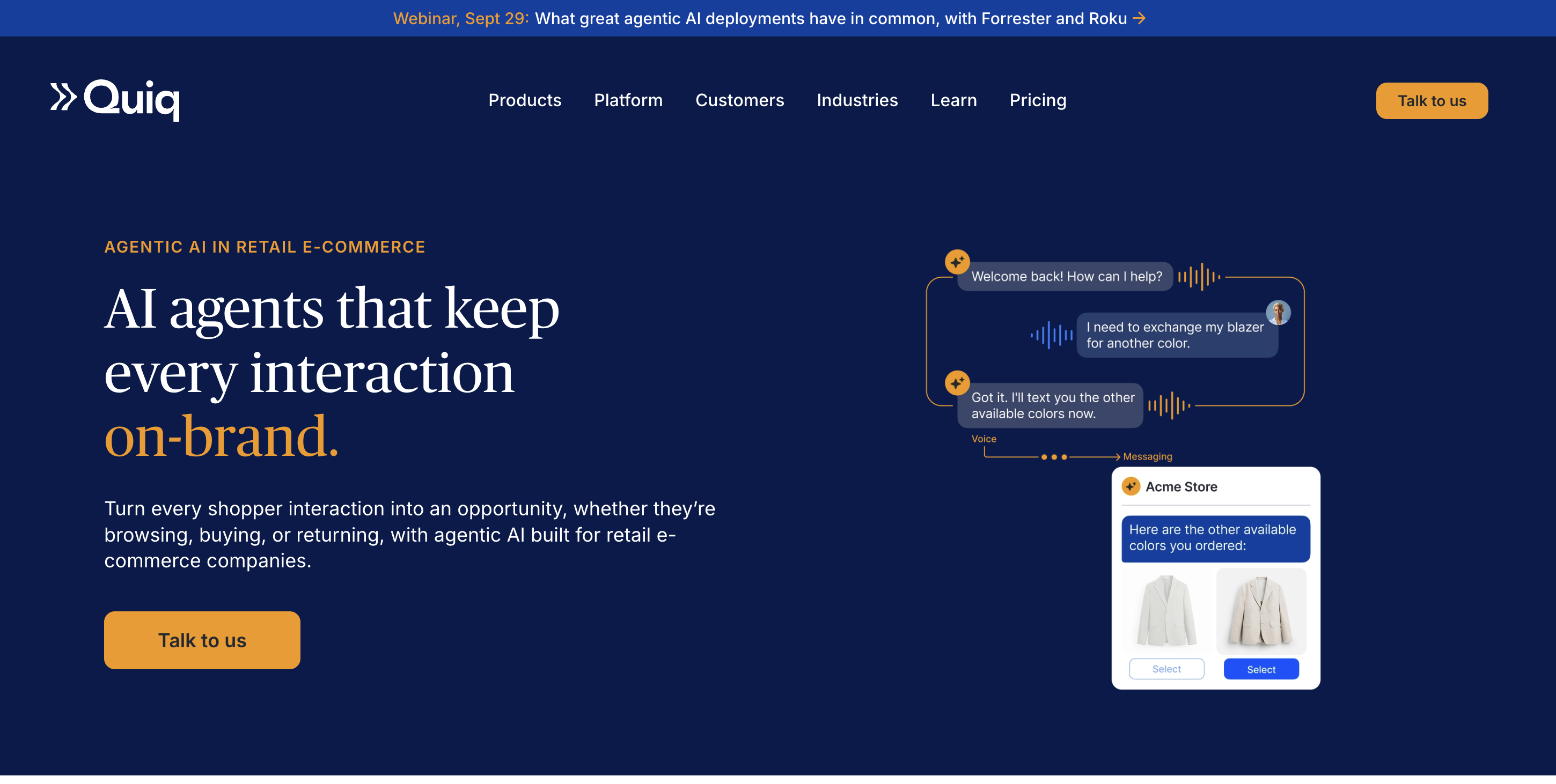 Quiq retail and e-commerce page presenting AI agents for shopper conversations.