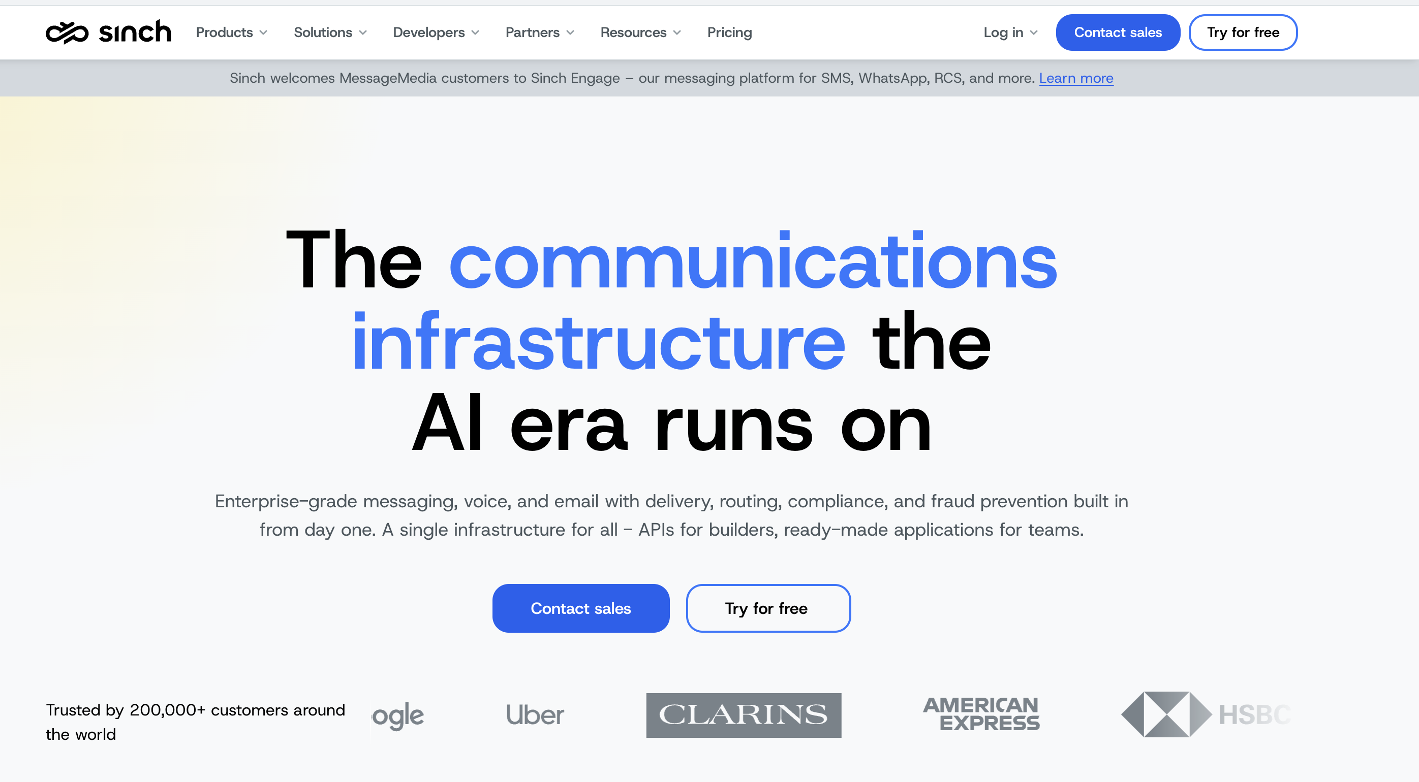 Sinch page presenting its messaging APIs and channels including RCS.