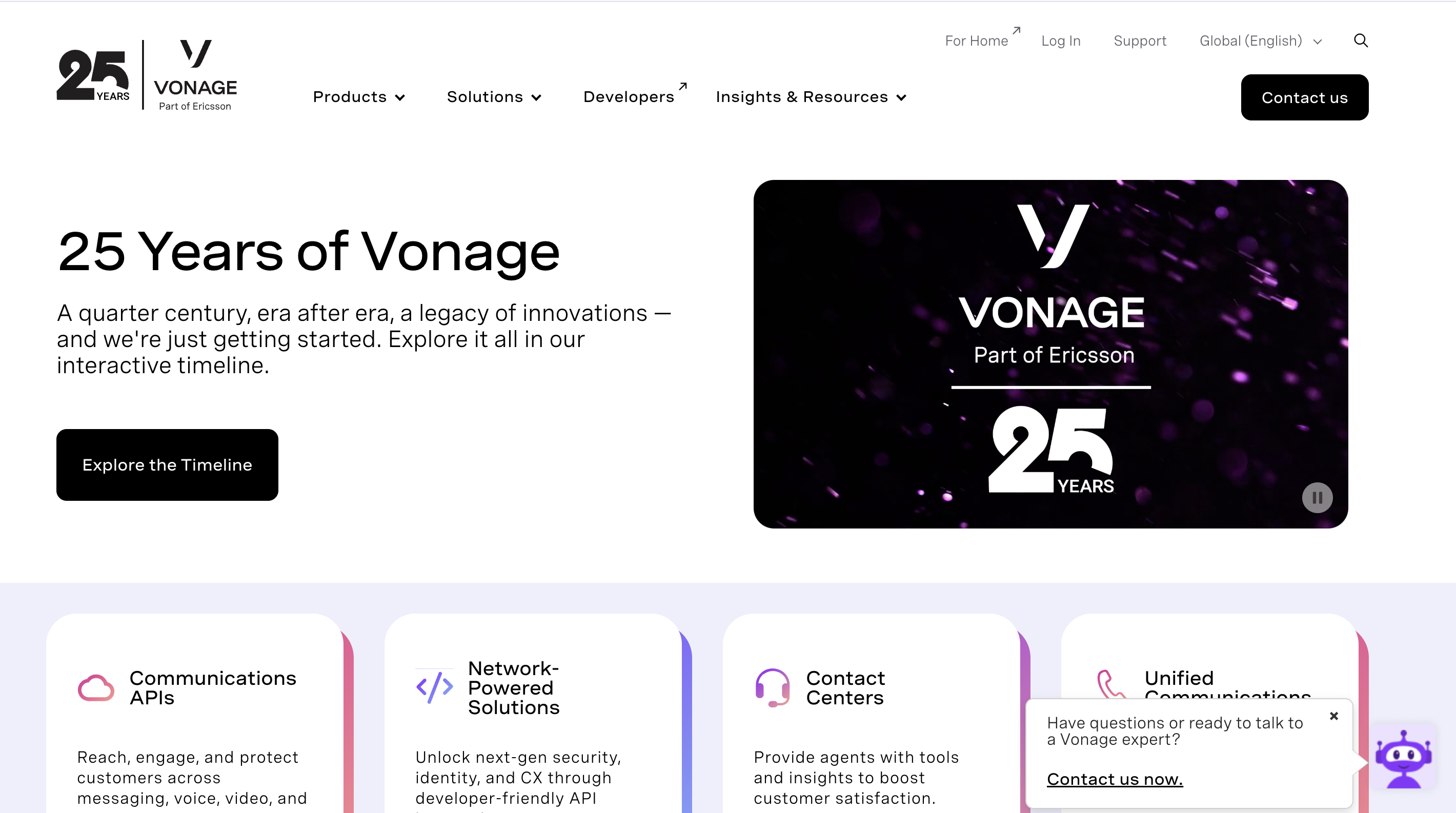 Vonage page presenting its communications APIs with messaging among them.