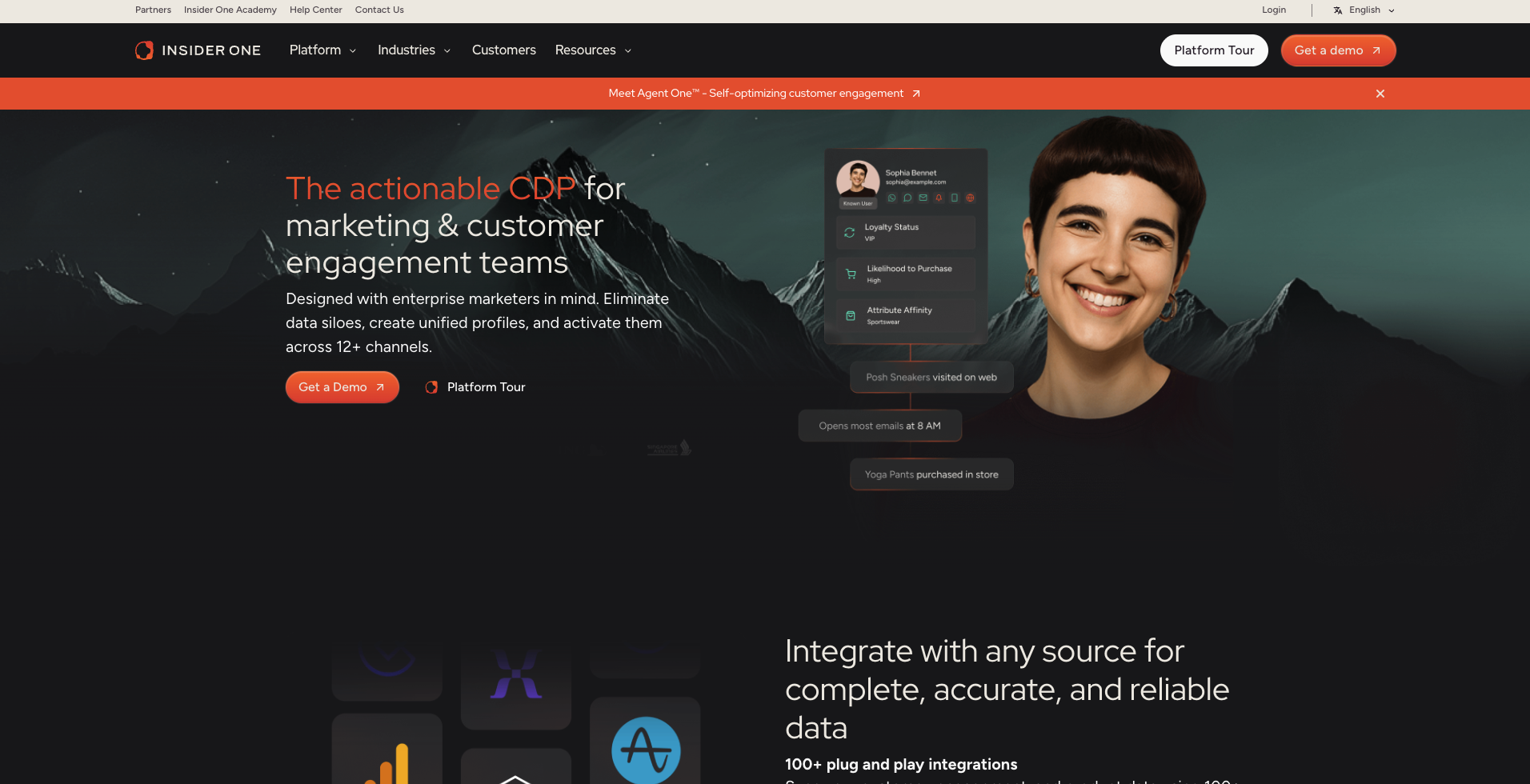 Insider One customer data management page presenting plug and play integrations, identity resolution management and activation across 12 plus channels.