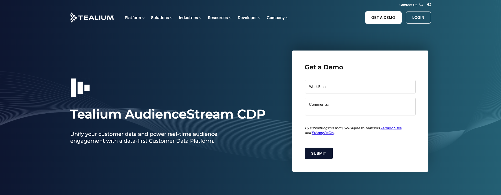 Tealium AudienceStream page presenting real-time visitor stitching and turnkey integrations for getting customer data in and out.