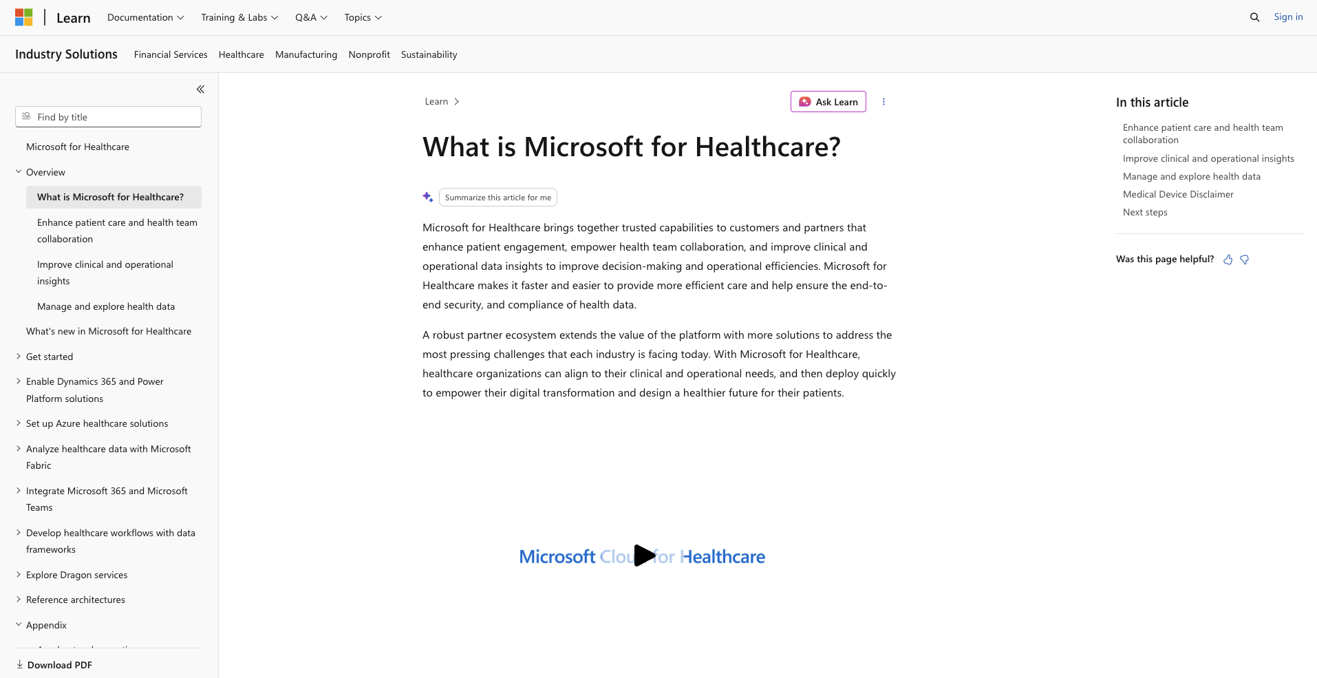 Microsoft Learn documentation page titled 