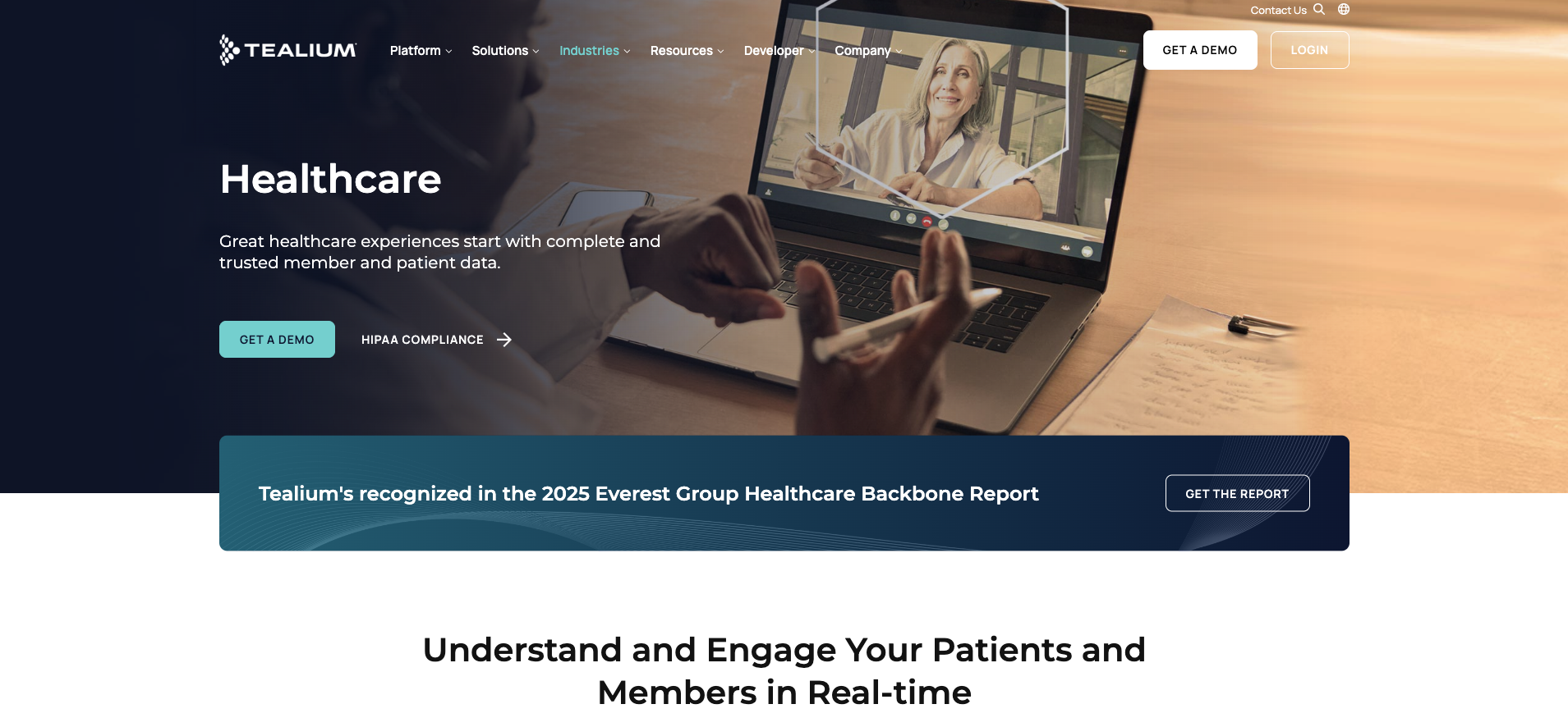 Tealium healthcare page offering a demo and a HIPAA compliance link, with a banner citing its recognition in the 2025 Everest Group Healthcare Backbone Report.