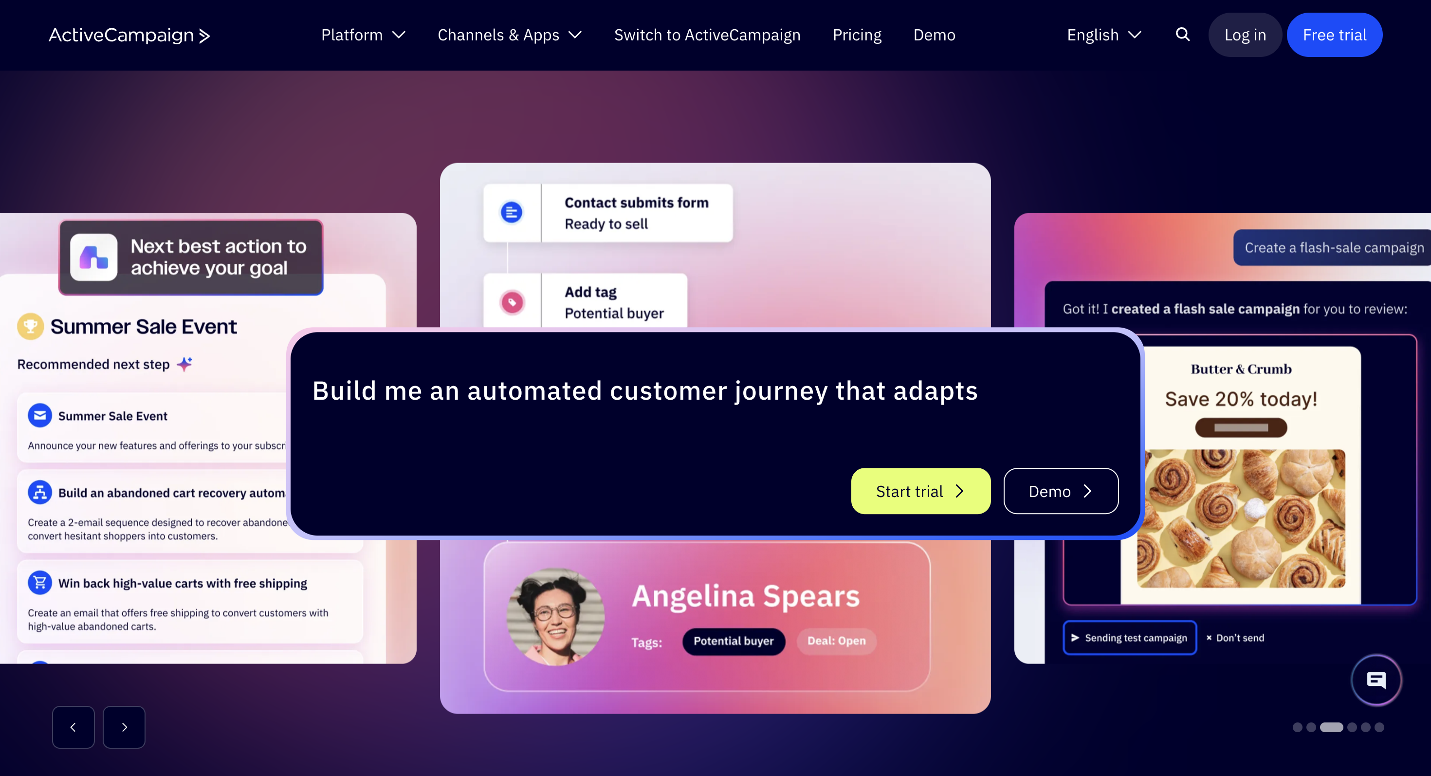 ActiveCampaign home page with its headline and pricing entry point.