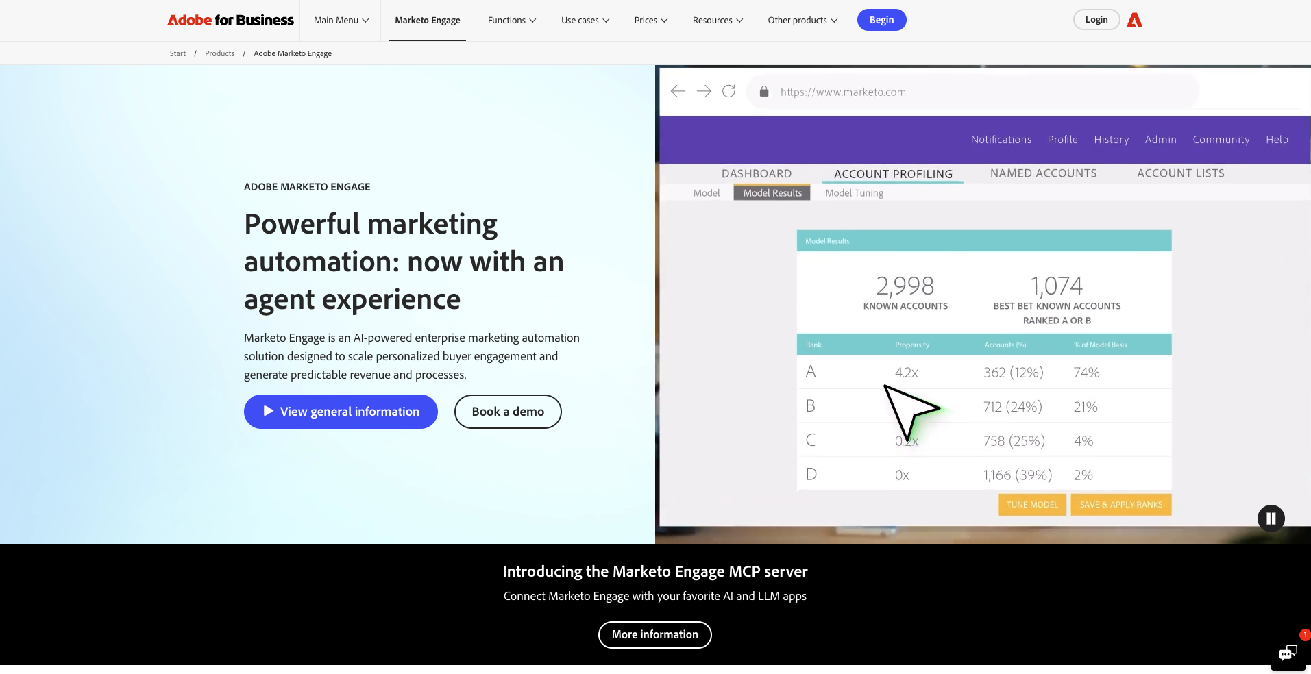 Adobe Marketo Engage product page with its marketing automation headline and the Marketo Sales Insight lead feed.