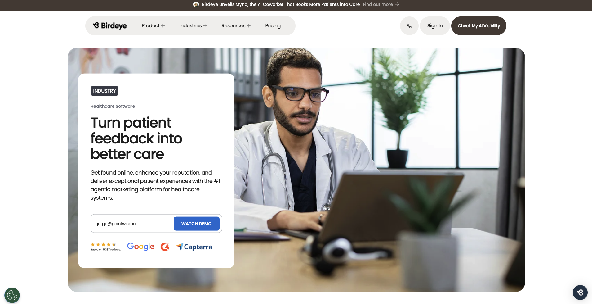 Birdeye healthcare page headlined turn patient feedback into better care, with Google and Capterra rating badges.