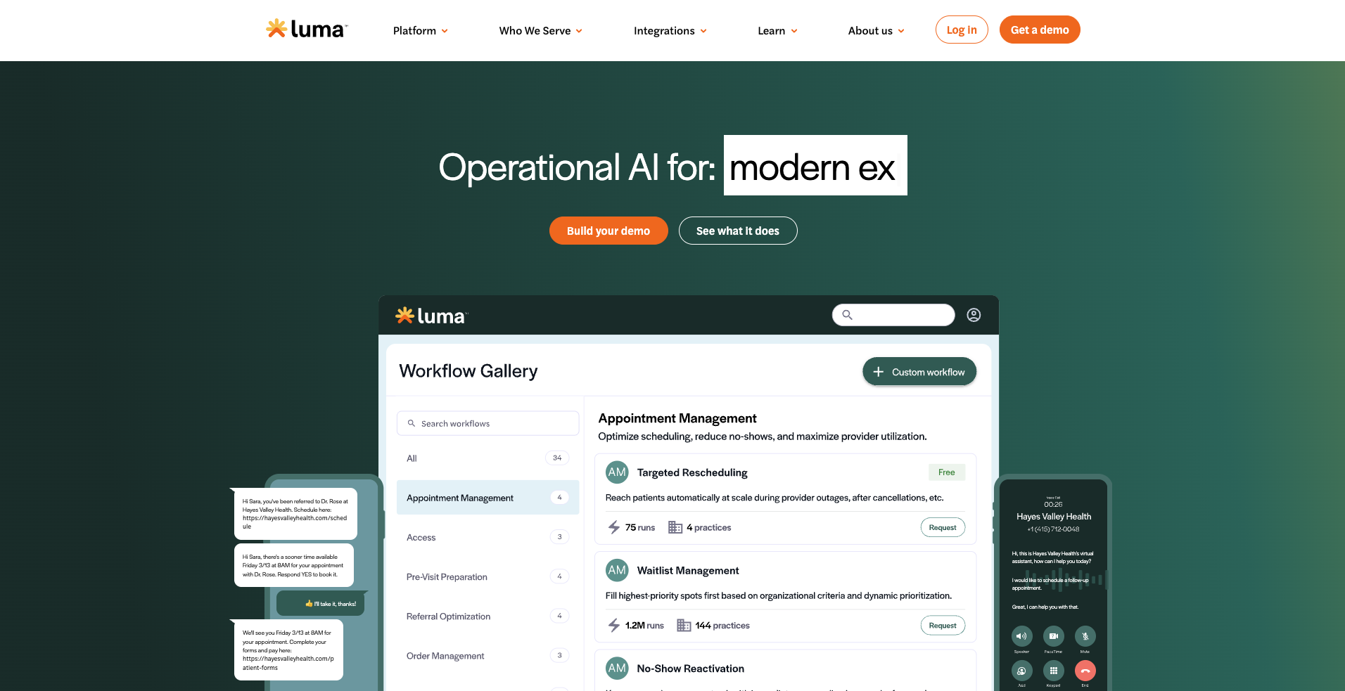 Luma Health home page leading with operational AI and a workflow gallery of appointment management, targeted rescheduling and no-show reactivation.
