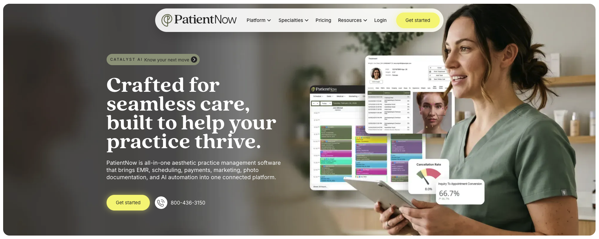 PatientNow home page presenting all-in-one aesthetic practice management software with EMR, scheduling, payments, marketing and photo documentation.