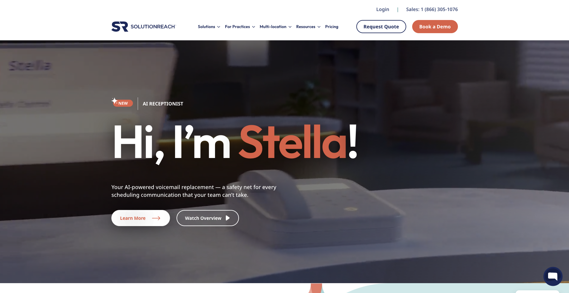 Solutionreach home page introducing Stella, an AI receptionist presented as a voicemail replacement for scheduling calls.