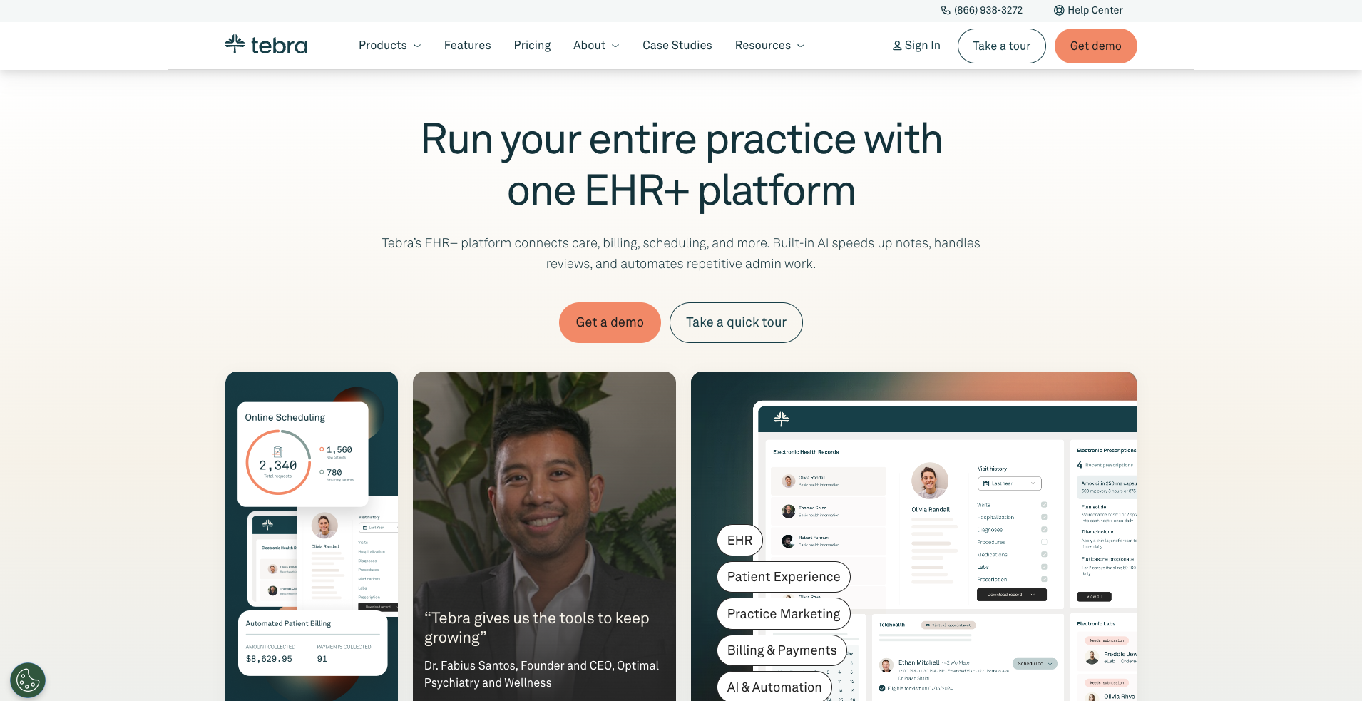 Tebra home page headlined run your entire practice with one EHR plus platform, listing EHR, patient experience, practice marketing and billing.
