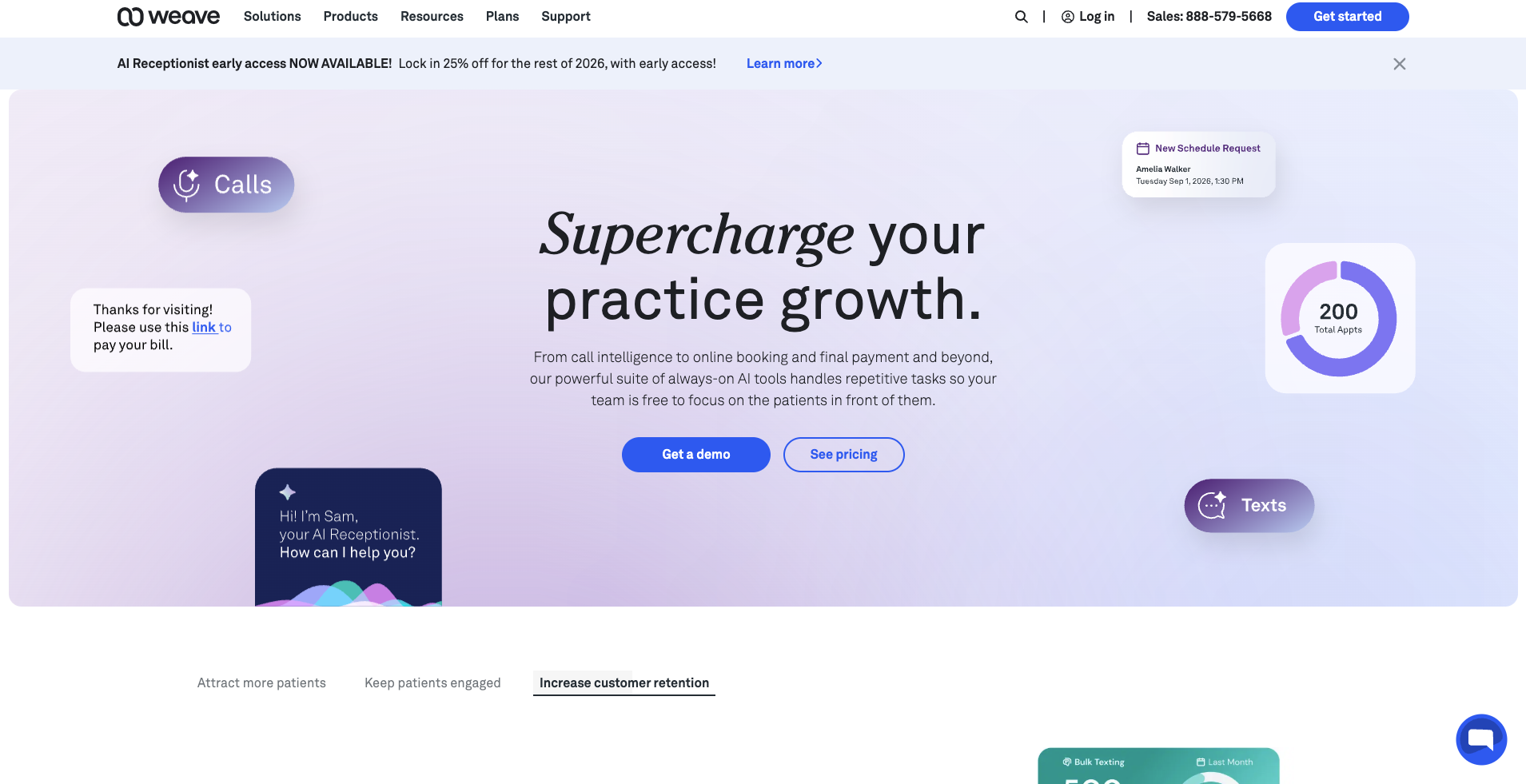 Weave home page headlined supercharge your practice growth, with calls, texts and payments shown as one surface.