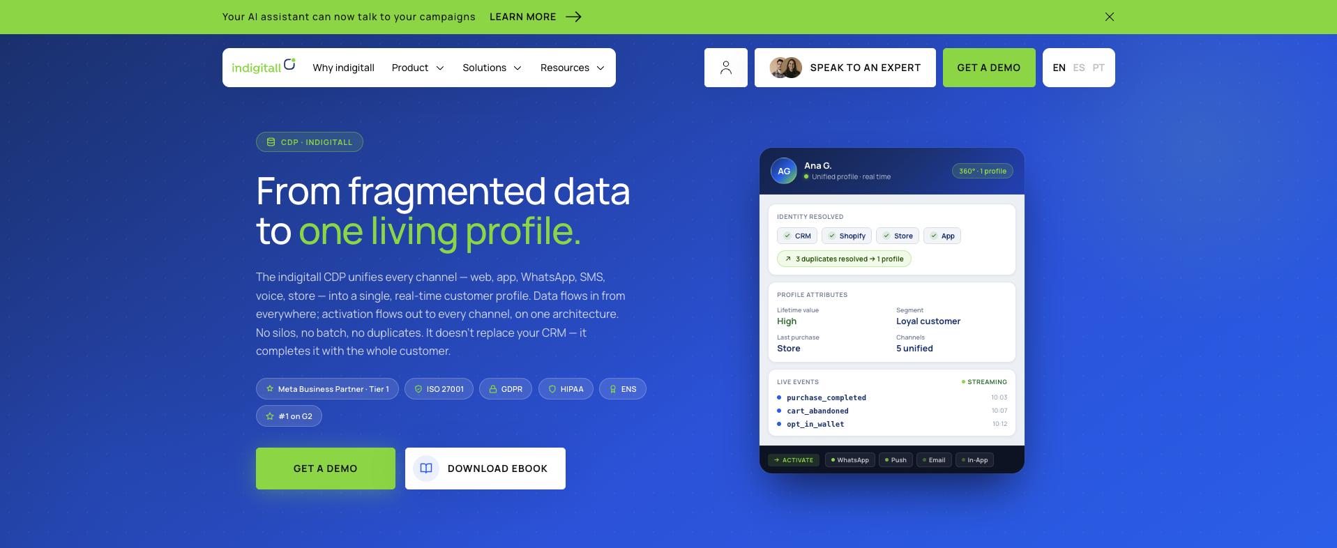 : indigitall customer data platform page headlined 