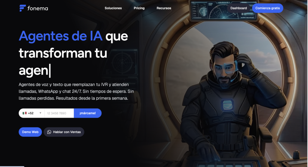 Página de inicio de Fonema AI, con agentes de IA para call centers que atienden llamadas, WhatsApp y chat.