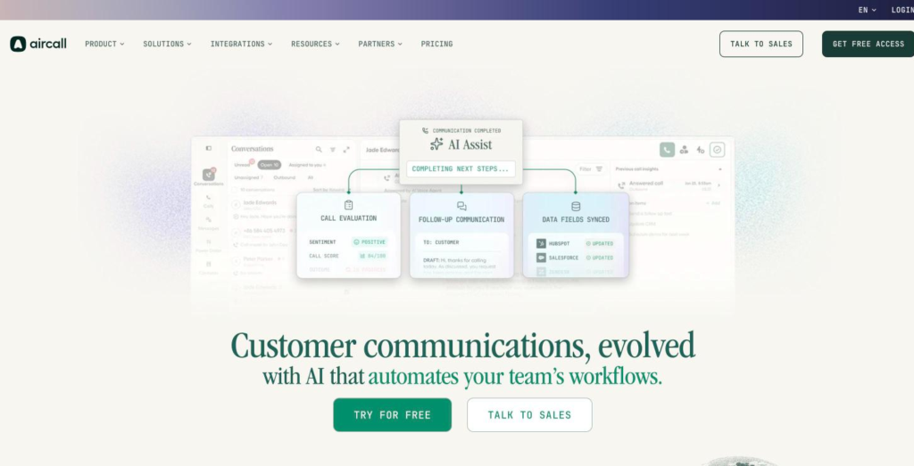 Aircall home page leading with customer communications and an AI that handles interactions end to end, with the phone system beneath it.