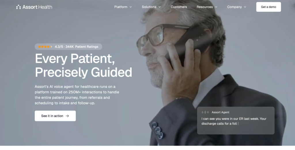 Assort Health home page headlined "Traditional IVR routes calls. AI voice agents resolve them.", with the specialty count below it.