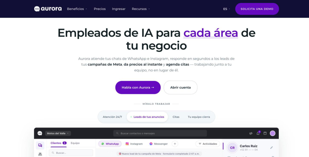 Página de inicio de Aurora Inbox, plataforma de bandeja y CRM con WhatsApp para LATAM, en el momento de la captura.