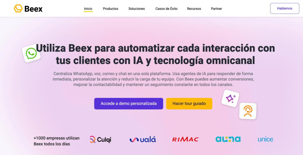 Página de inicio de Beex, plataforma de contact center y conversaciones omnicanal con inteligencia artificial.