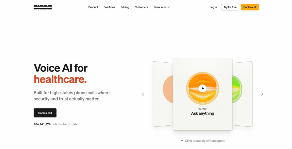 Bland AI home page with a headline on voice AI for regulated industries, and the latency figure and compliance badges below.