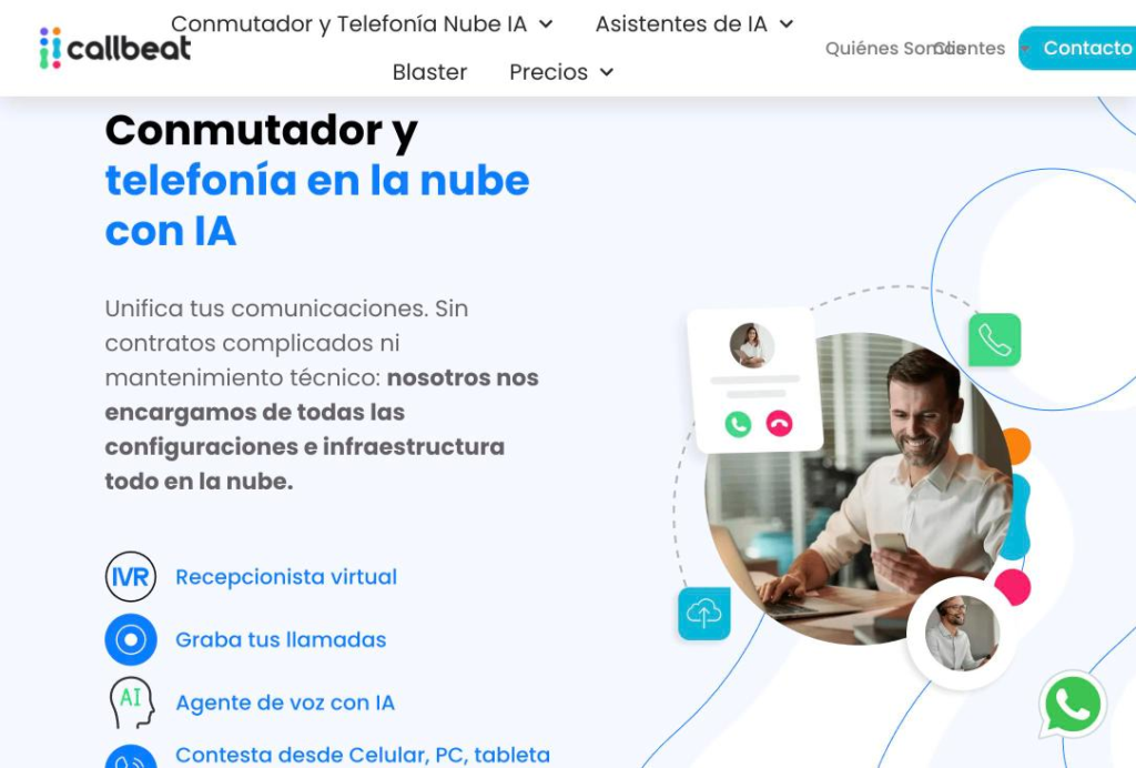 Página de inicio de Callbeat, que presenta conmutador y telefonía en la nube con inteligencia artificial.