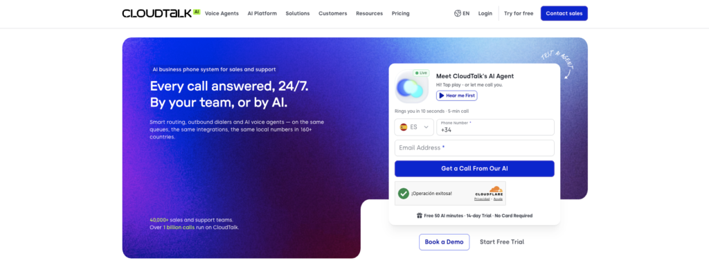 CloudTalk home page headlined "Every call answered, 24/7. By your team, or by AI.", with the call handling blocks below.