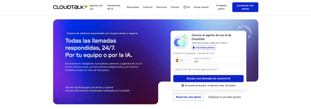 Página de inicio de CloudTalk, software de centro de llamadas con inteligencia artificial.