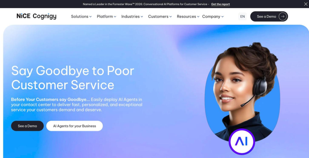 Cognigy home page headlined "Say Goodbye to Poor Customer Service", with the enterprise conversational AI positioning below.