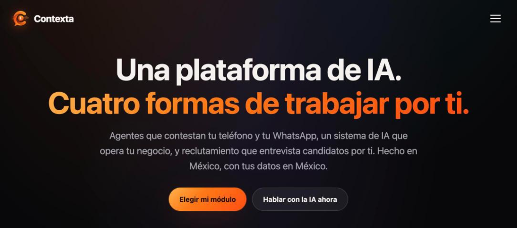 Página de inicio de Contexta, que presenta una plataforma de IA con cuatro formas de trabajar y datos en México.