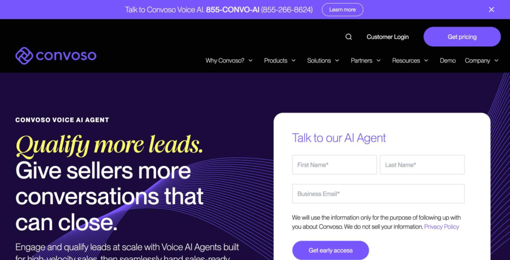 Convoso voice AI agent page with a headline on qualifying more leads and giving sellers more conversations that can close.