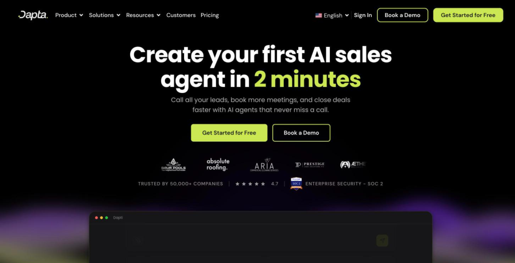 Página de inicio de Dapta, que presenta agentes de voz con inteligencia artificial para ventas y operaciones.
