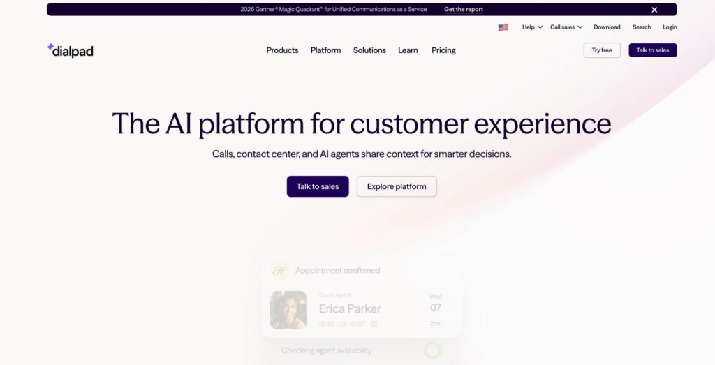 Dialpad home page headlined "First in AI. Best in Agentic.", with the contact center product blocks below it.