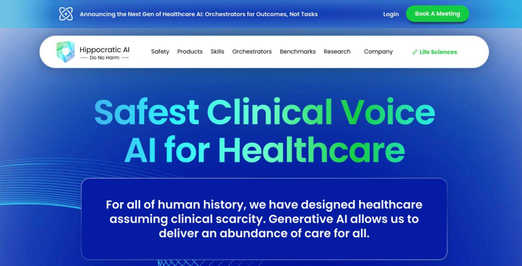 Hippocratic AI home page headlined "Safest Clinical Voice AI for Healthcare", with the list of what its agents decline to do.