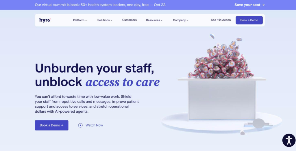 Hyro home page headlined "Unburden your staff, unblock access to care", with the call automation figures beneath.