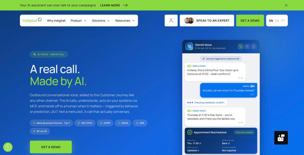 indigitall AI Voice page showing the outbound call as a step inside a customer journey, with the trigger and the actions listed.