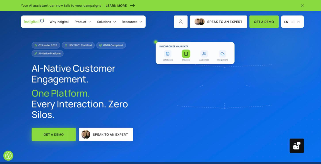 indigitall home page showing the unified customer profile and the channels it sends across, including RCS and SMS.