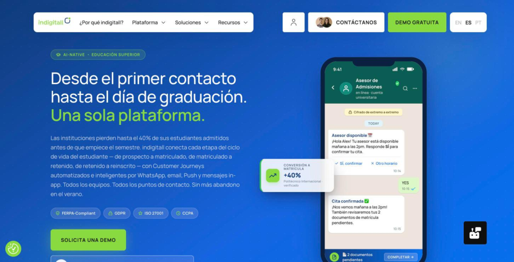 Página de educación de indigitall, que presenta el ciclo de vida del estudiante desde el primer contacto hasta la matrícula.