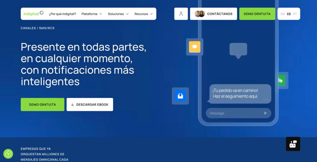 Página de SMS y RCS de indigitall, con el titular sobre mensajería directa, personalizada y de alto impacto.