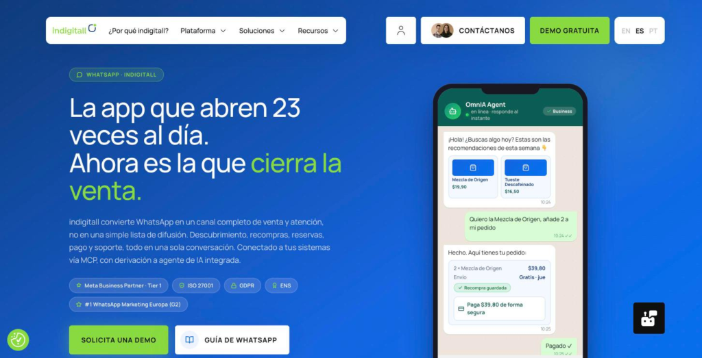 Página de WhatsApp de indigitall, con el titular sobre vender y atender en una sola conversación, en el momento de la captura.