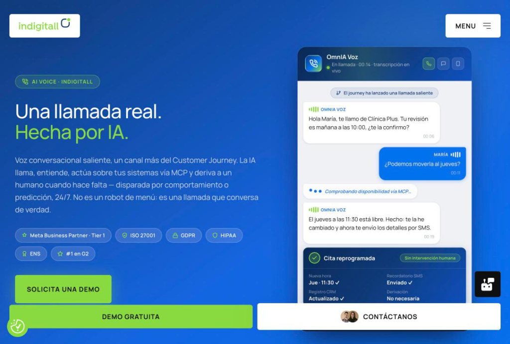 Página de voz de indigitall, que presenta la llamada saliente como un paso de un customer journey.