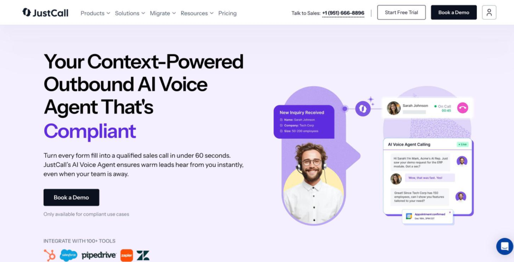 JustCall outbound AI voice agent page, with the headline about outbound calls and the problem and solution pairs listed below.
