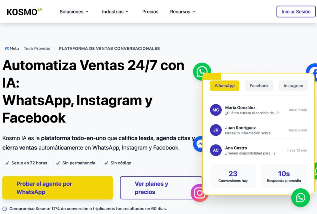 Página de inicio de Kosmo, que presenta la automatización de ventas con IA por WhatsApp, Instagram y Facebook.