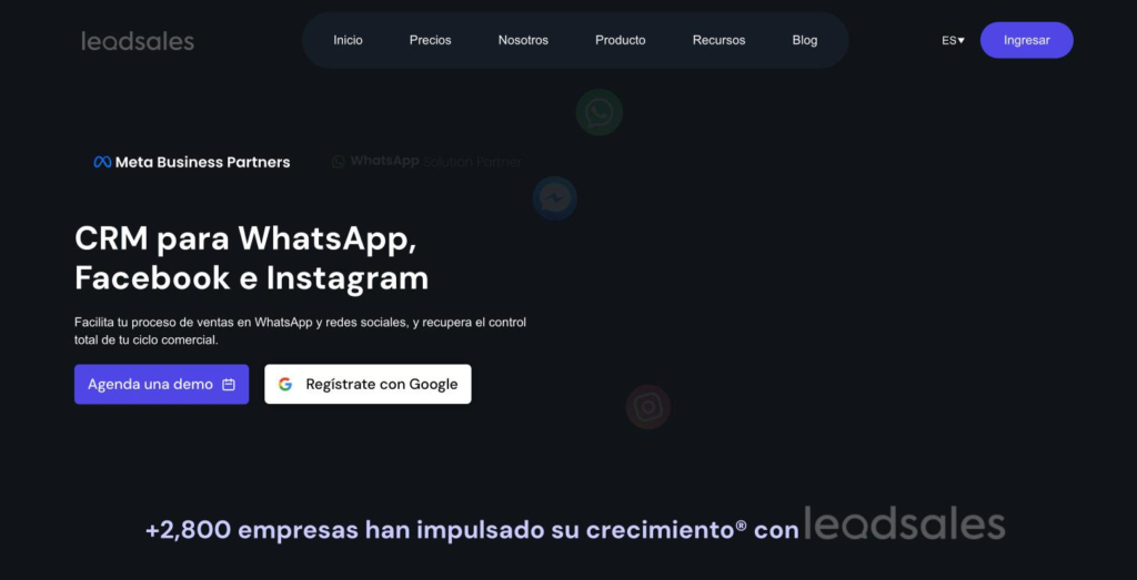 Página de inicio de Leadsales, CRM con WhatsApp para equipos de ventas, en el momento de la captura.