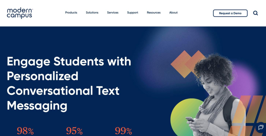 Modern Campus Message product page on engaging students with personalized conversational text messaging.