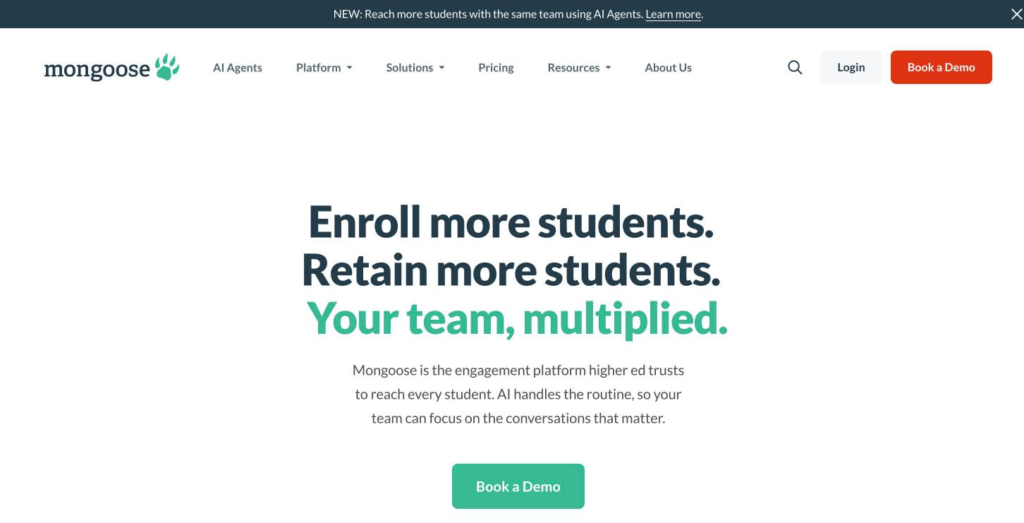 Mongoose home page headlined on enrolling and retaining more students, with the conversational messaging blocks below.