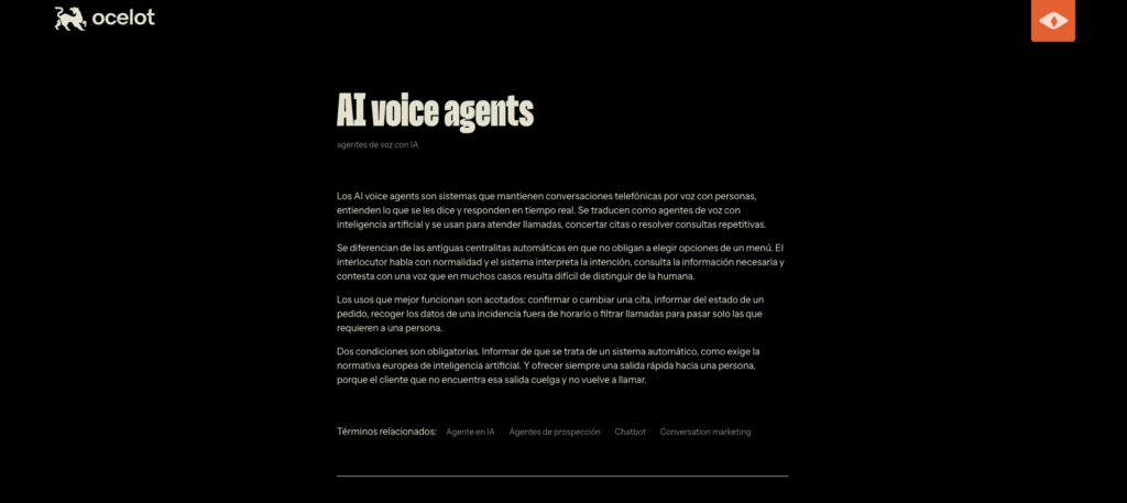 Página de Ocelot sobre agentes de voz con IA: explica qué son, para qué sirven y qué condiciones exige la normativa europea.